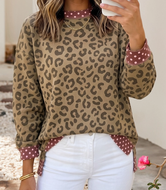 LDC - Polka Dot Colorblock Leopard Tunic Top