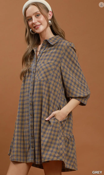Umgee - Grey Checkered Button Dress (Plus)
