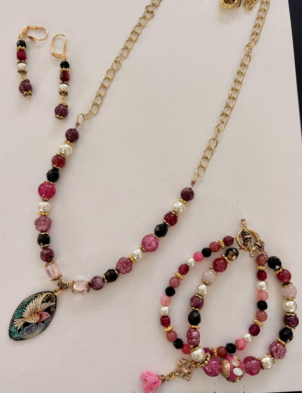 Pink bird necklace 3 piece set