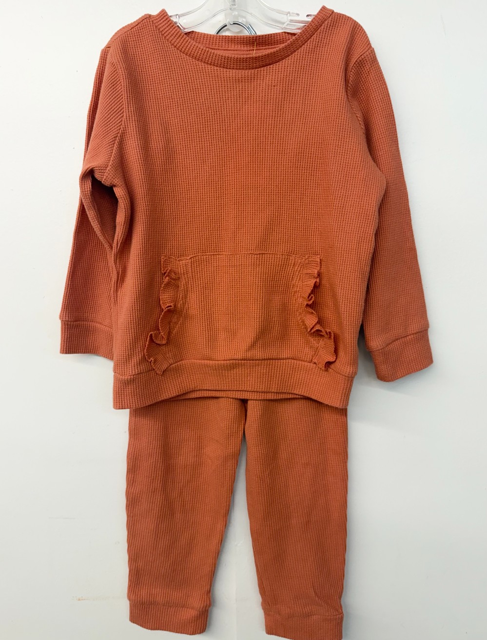 Ruffle Pocket Waffle Knit Set – Girls 2-Piece Lounge Outfit