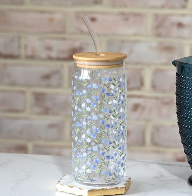 25OZ SP. FLORAL GLASS DRINK CUP W/STRAW