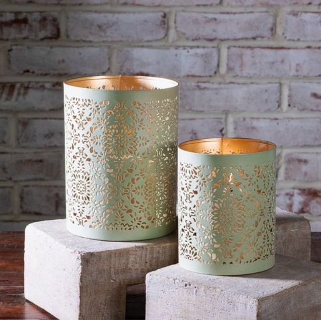 S/2 LT. GREEN DECO LANTERN CANS