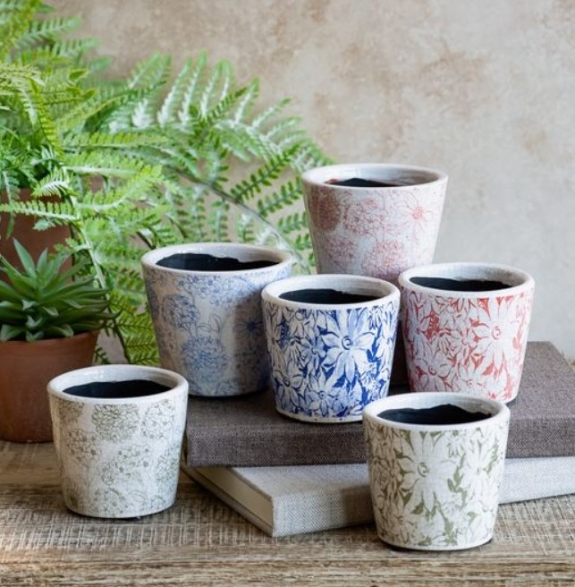 ASST. RD/BL/GN FLORAL PATTERN GARDEN POTS