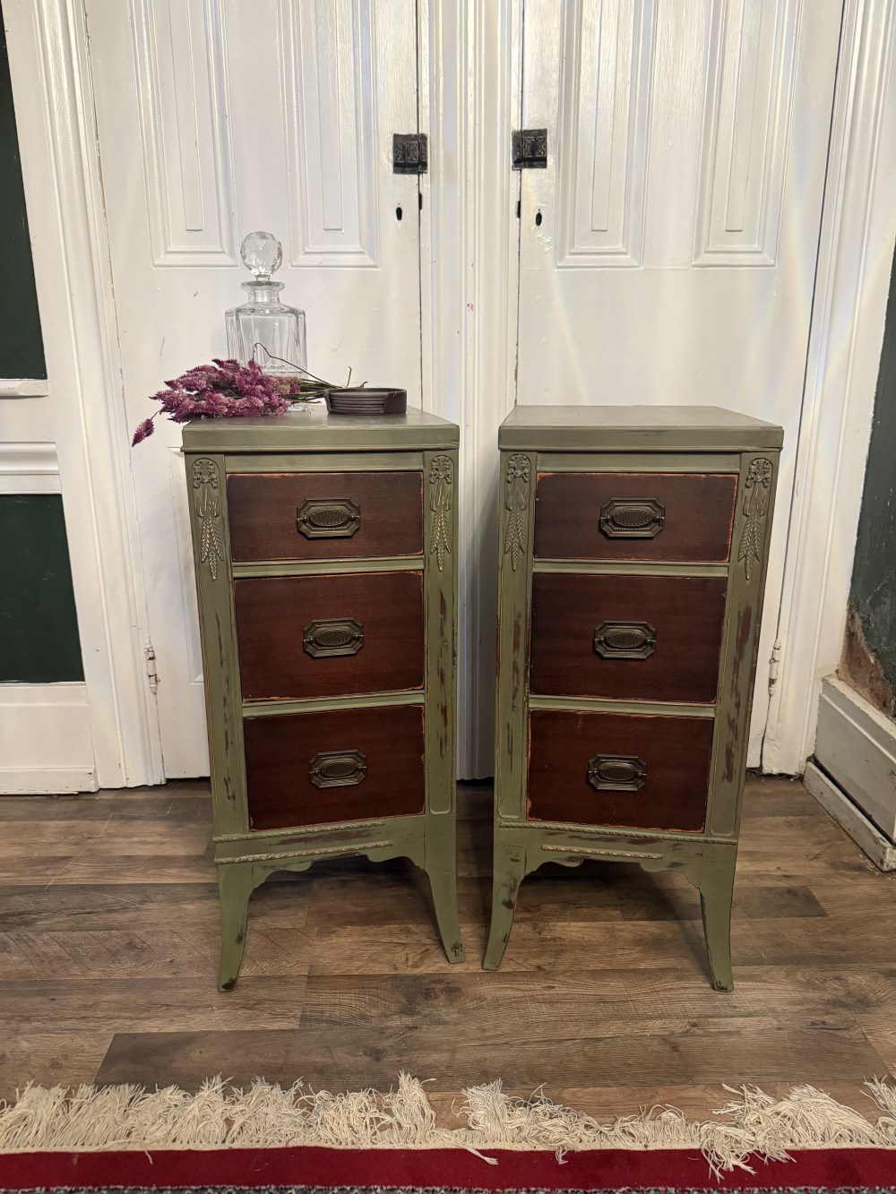 Table, Nightstand pair Olive & Honfleur w/ clear wax