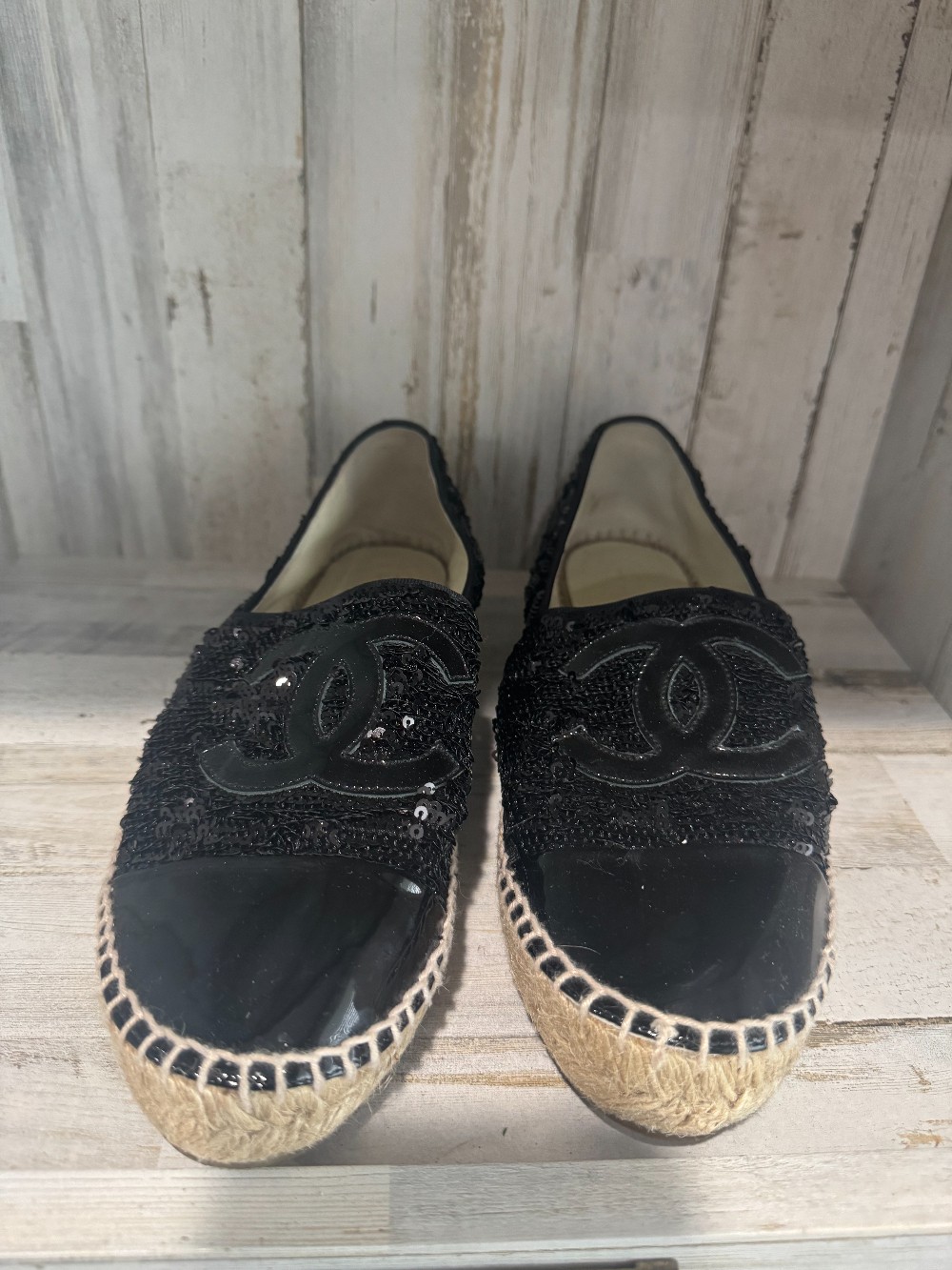 Chanel tweed patent sequin goatskin espadrille