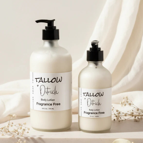 Tallow + Ostrich fragrance-free body lotion bottles by CDA Soap Co.