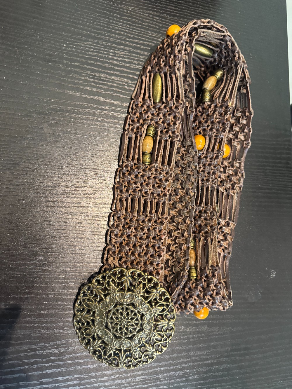 Vintage leather woven with beads belt