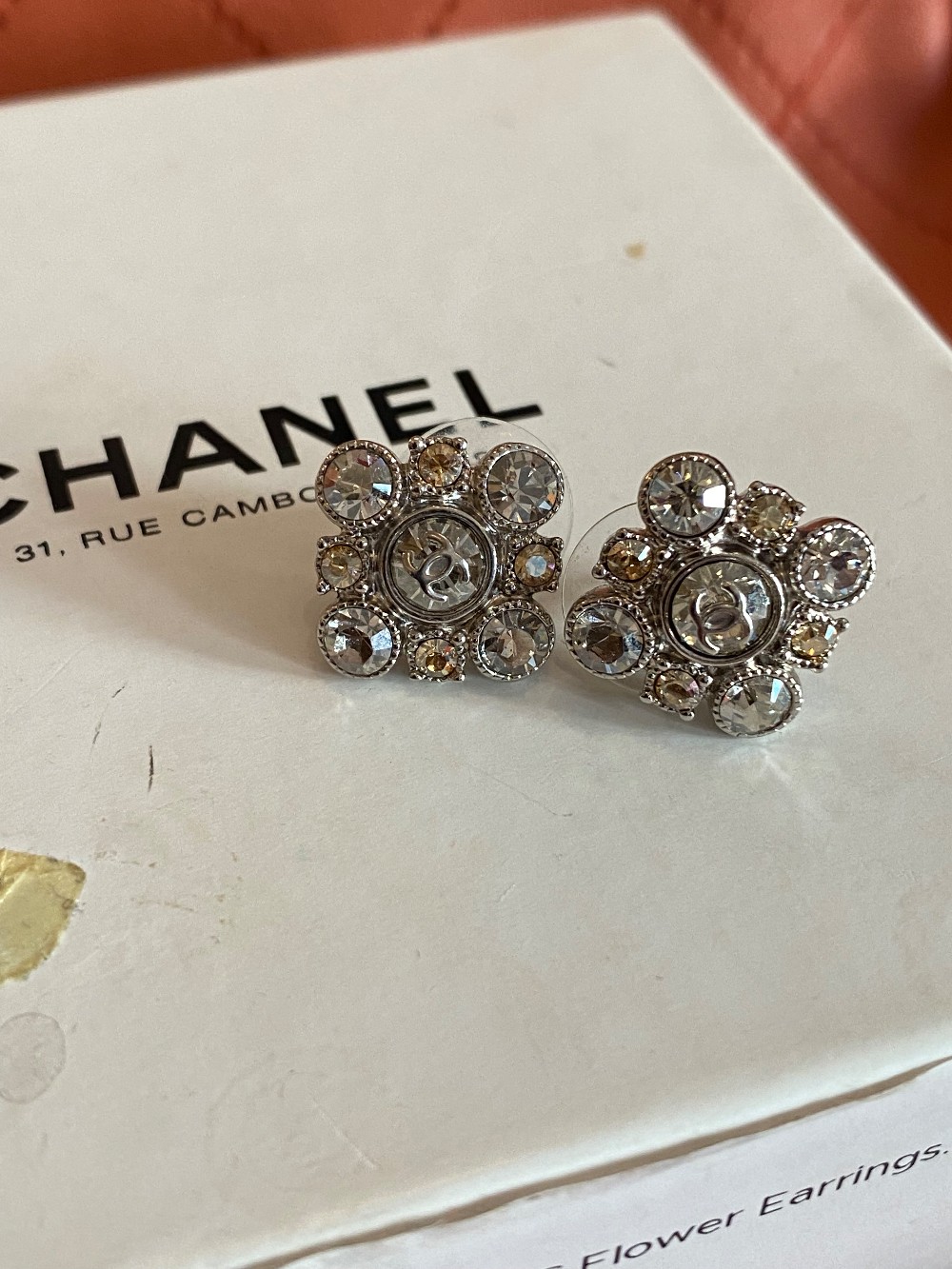 Chanel CC Floral Crystal stud earrings in silver tone metal