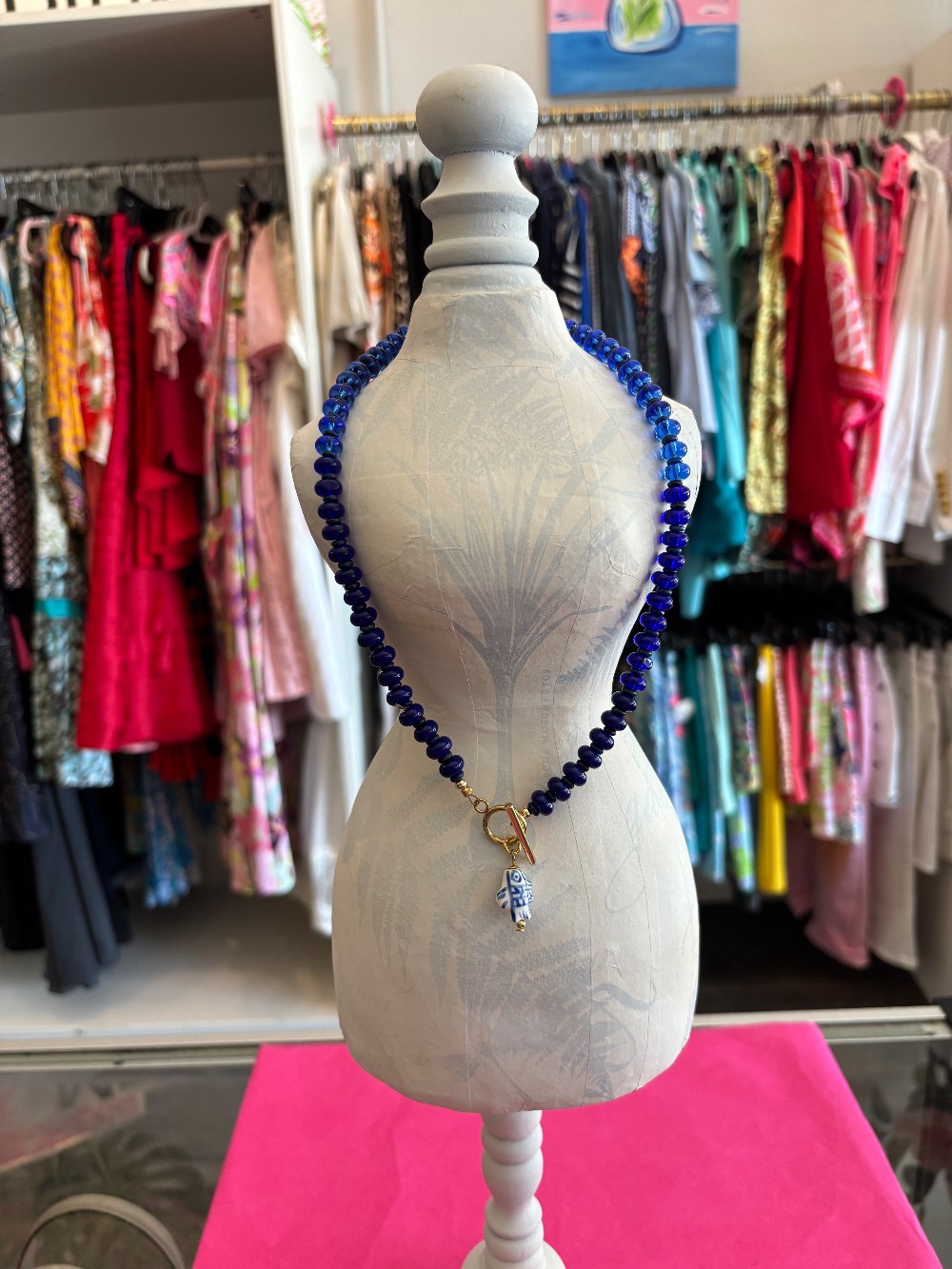 Navy blue and royal blue necklace with blue/white fish charm