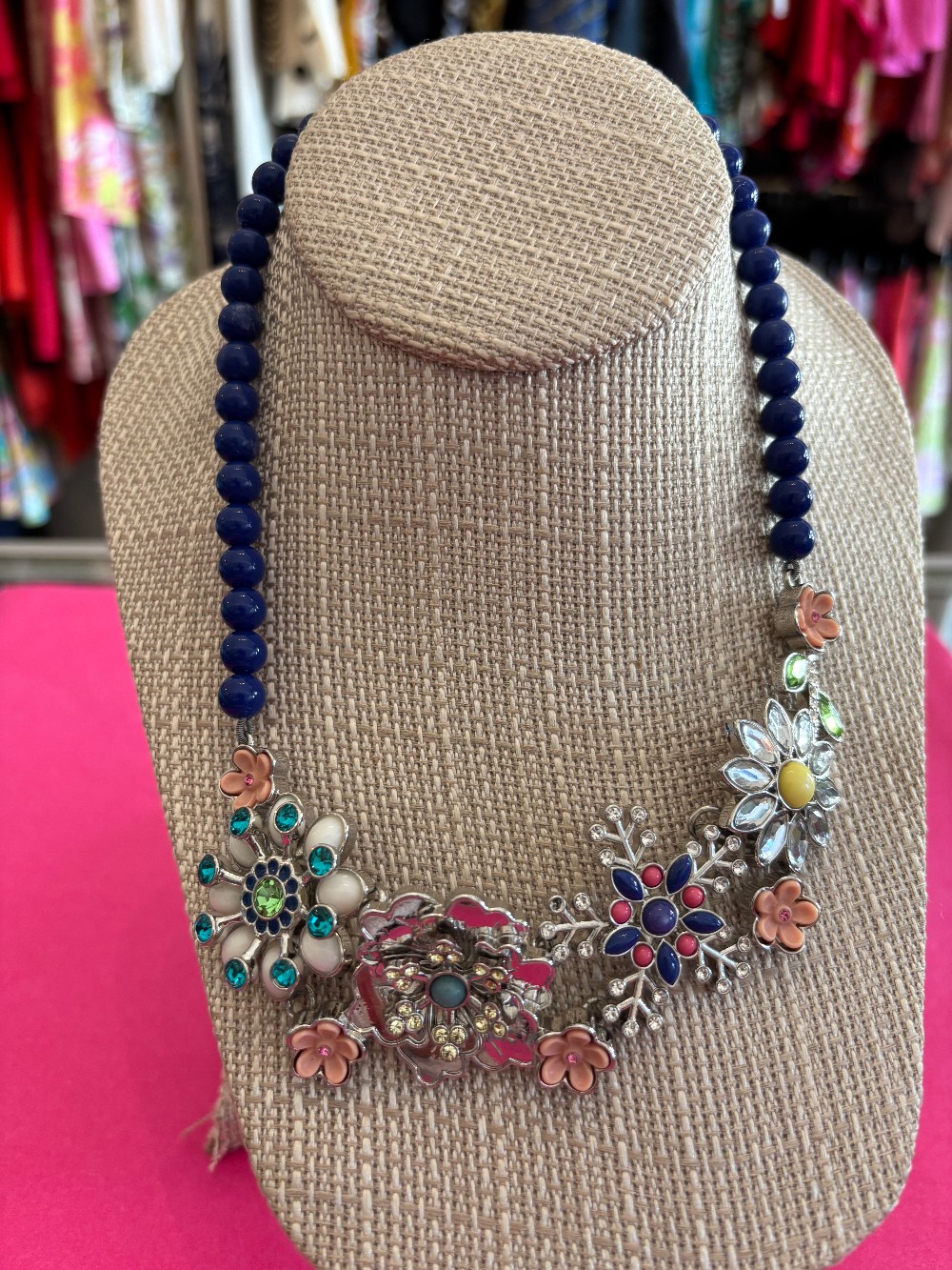 Statement Necklace, navy blue with floral design