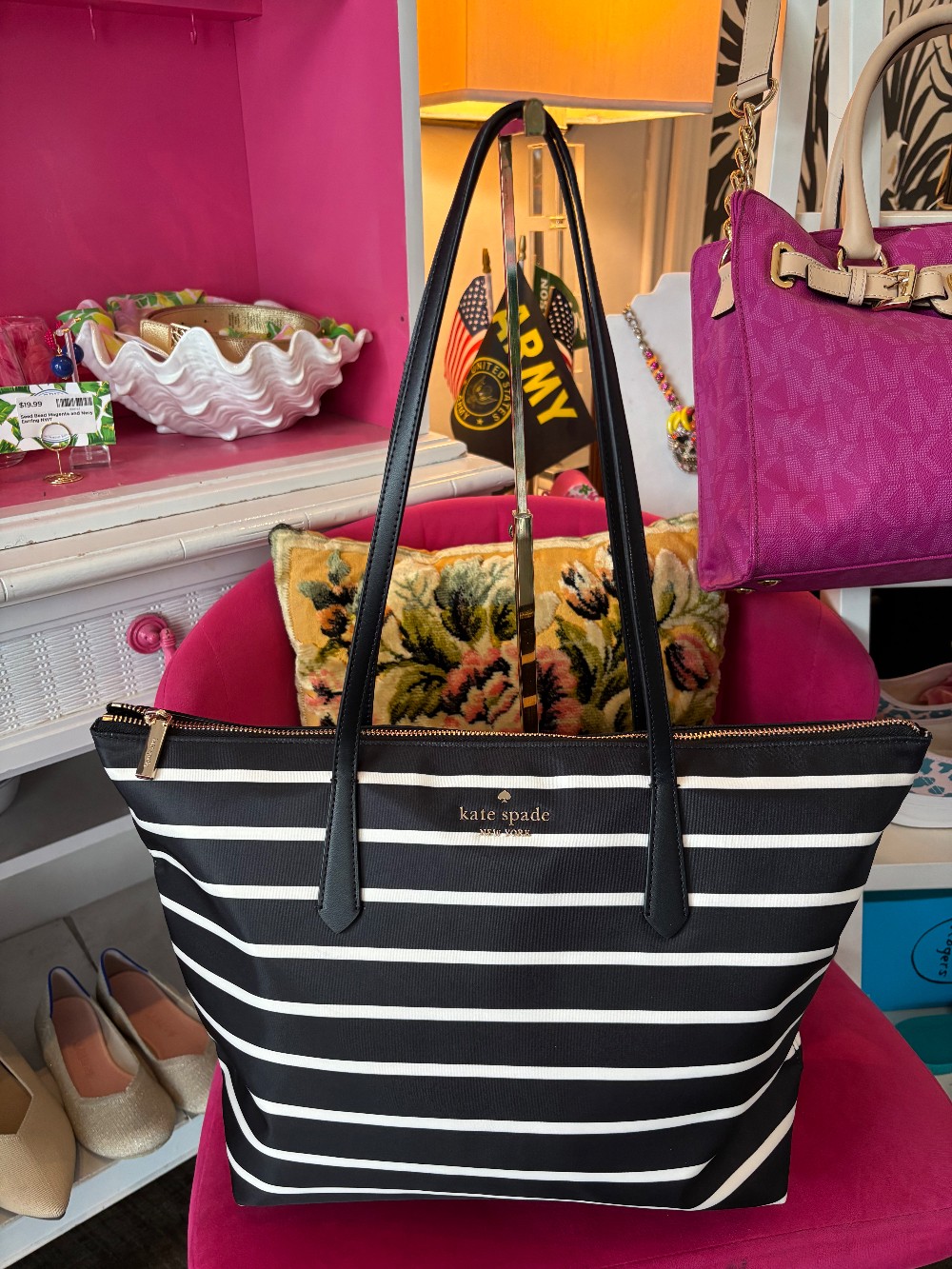 Kate Spade Navy Blue and White Nylon Tote