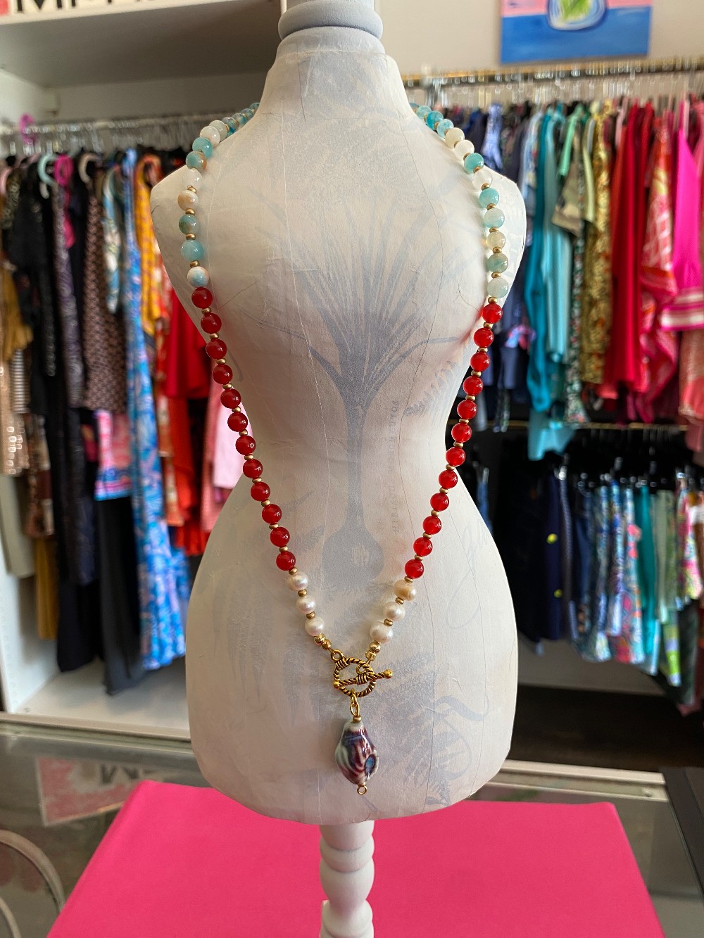 Red, white & blue beaded necklace with shell