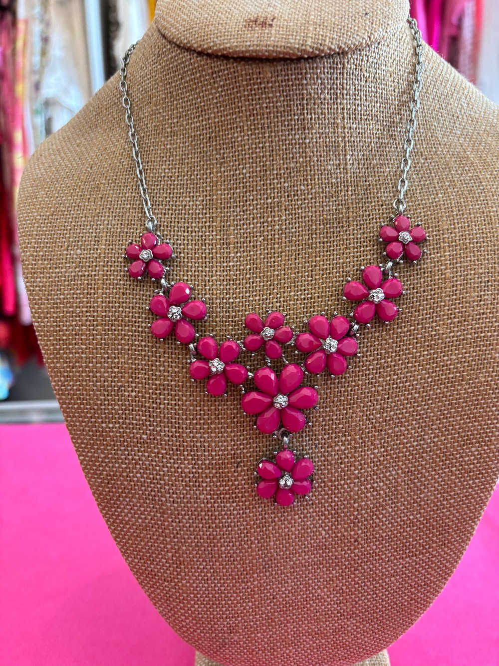 Statement Necklace, hot pink floral with silver tone chain