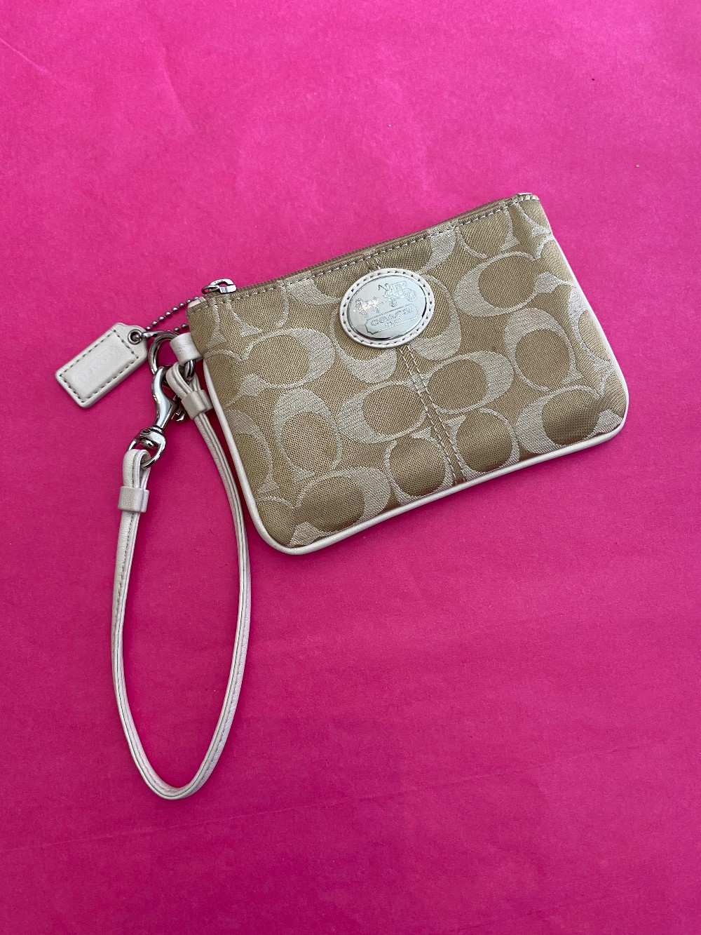 Coach signature canvas wristlet w/ white & silver accents
