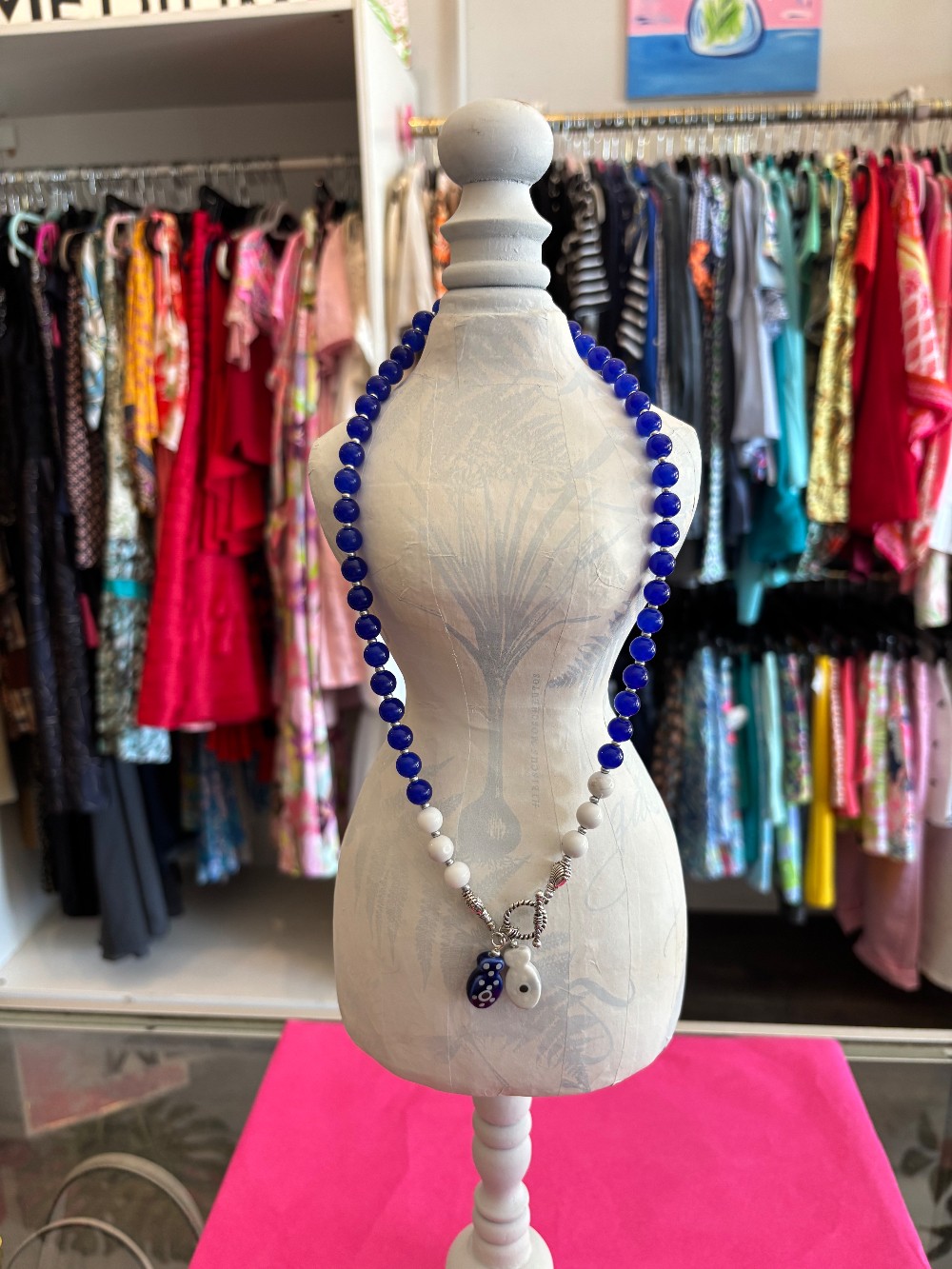 Blue and White necklace with two fish (blue/white)