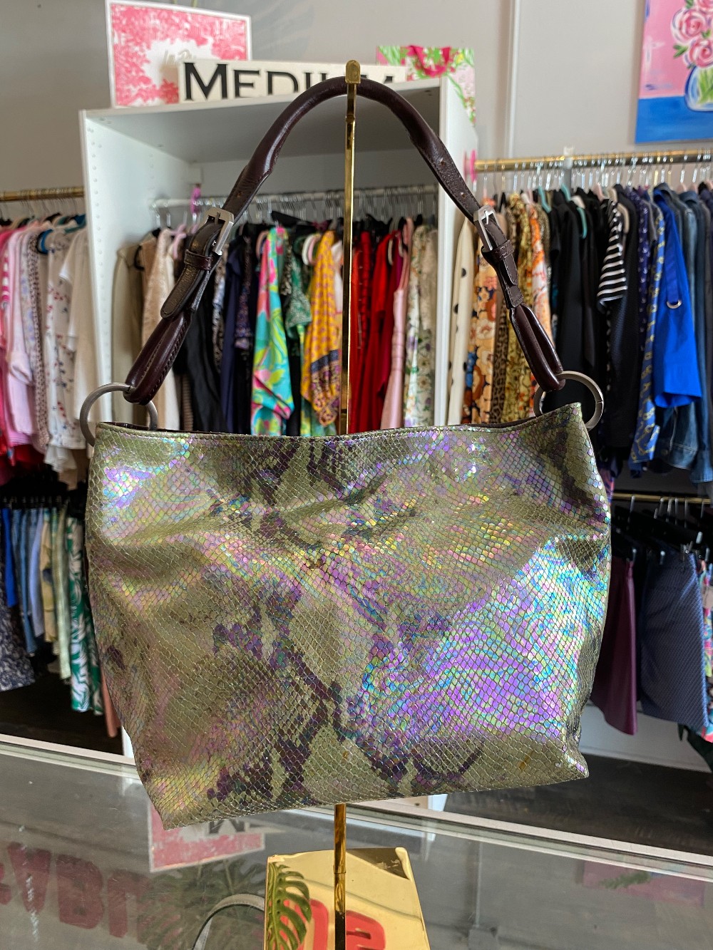 Adrienne Vittadini holo faux python shoulder bag