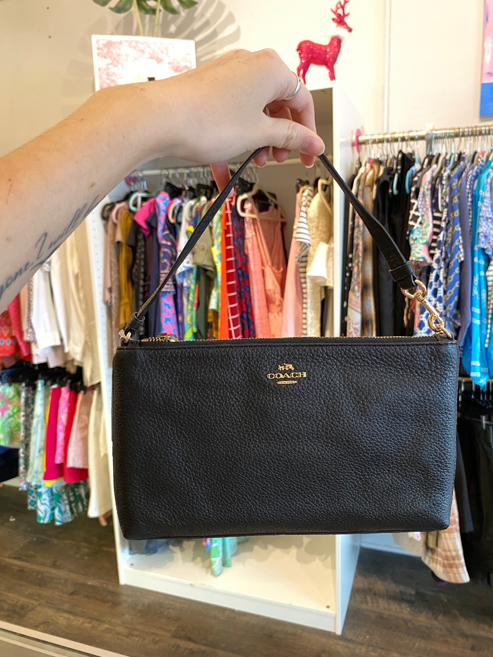 Coach large black pebbled leather wristlet NWT