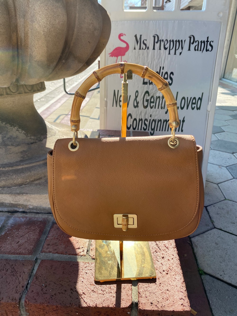 Talbots brown leather bamboo handle purse