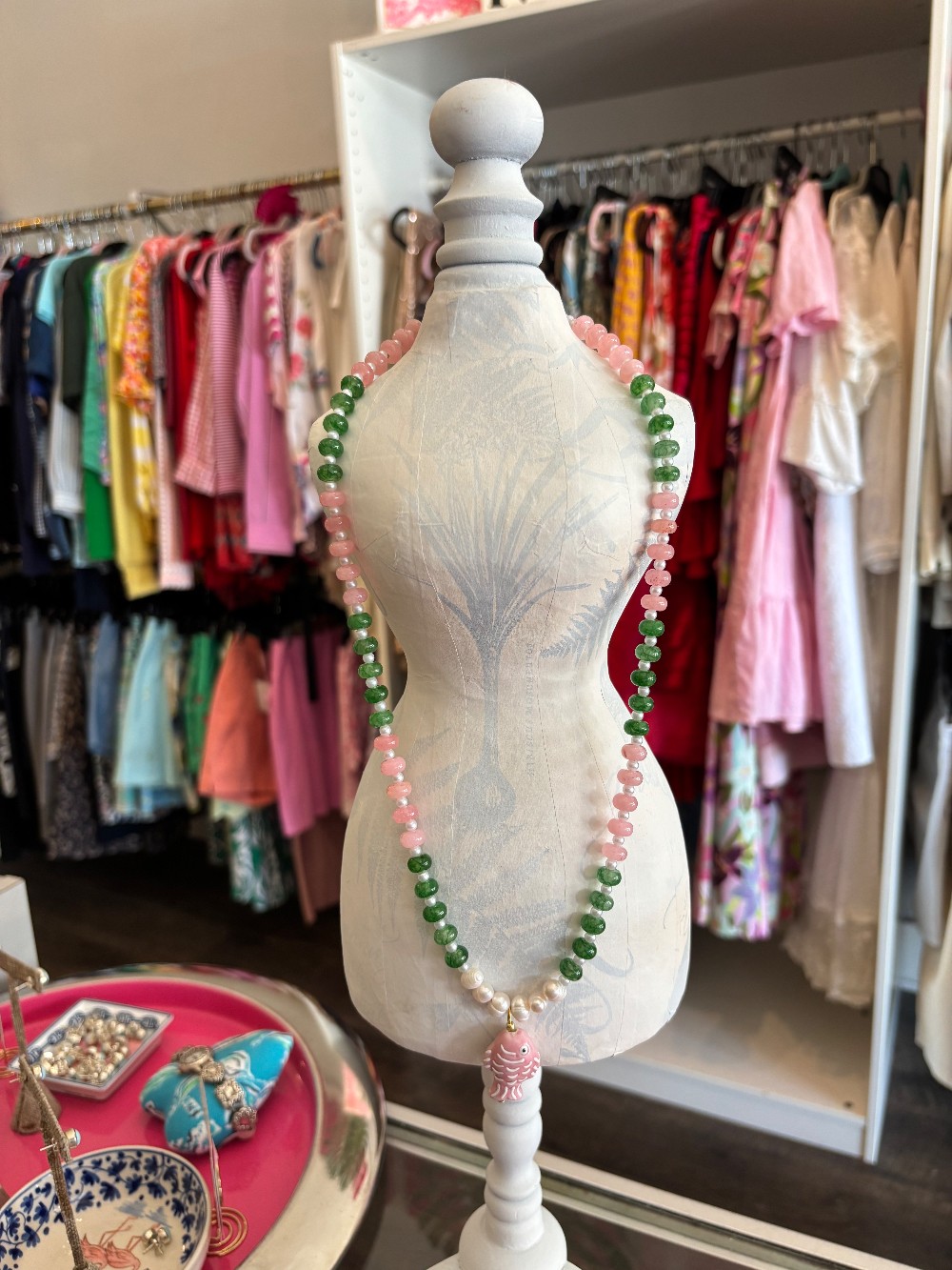 Pink and green beaded necklace with pink fish and faux pearls