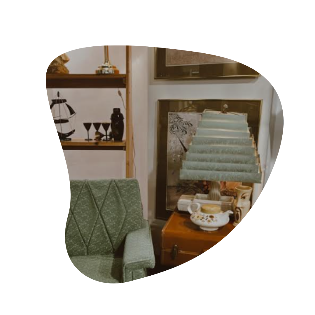 Up close photo of Repeat Vintage lamp and chair