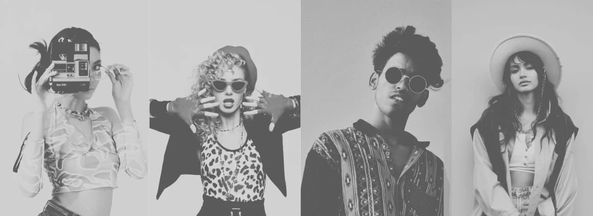 Black and white photo of models in outfits featuring various decades