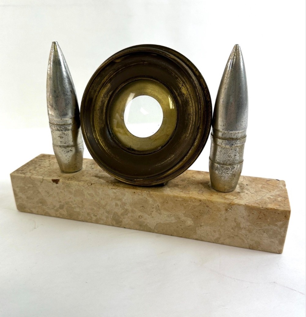 Antique Military Trench Art - Memorial Artillery Photo Frame Shell Display Stone Base