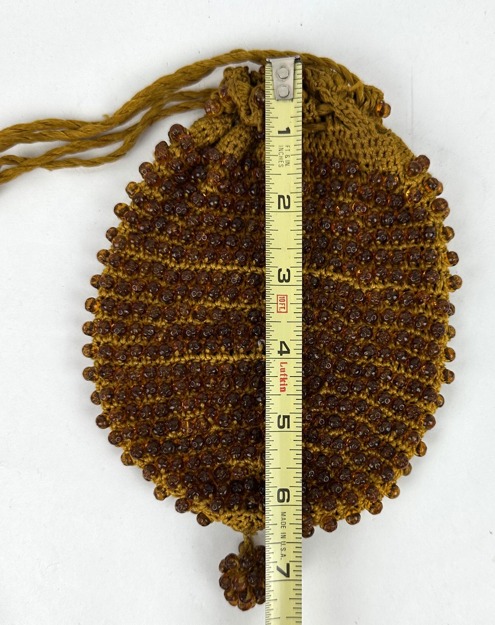 Vintage Amber Colored Glass Beaded Crochet Drawstring Purse