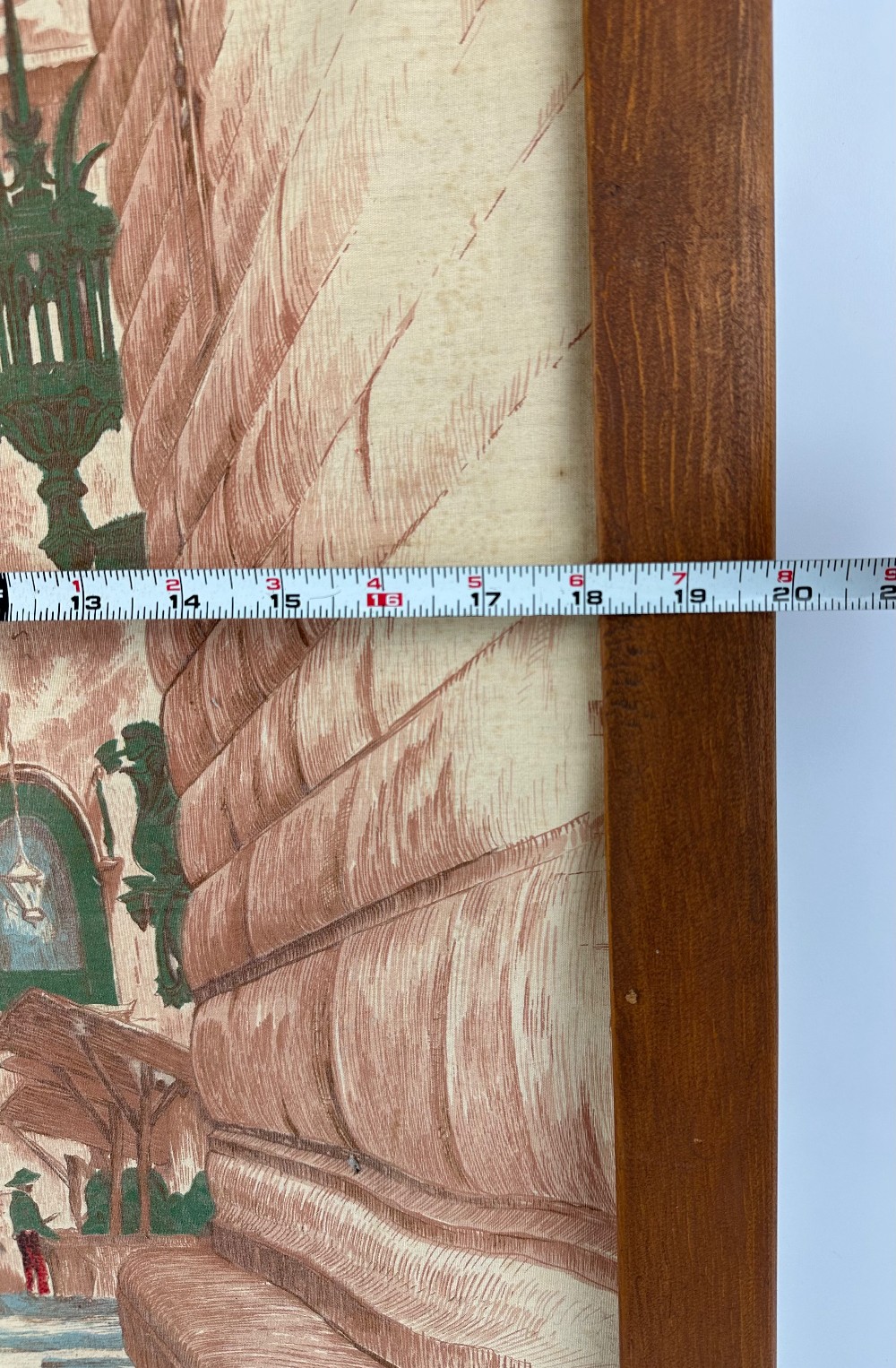 Vintage mid-century European street scene textile print on cotton fabric, circa early–mid 1950s