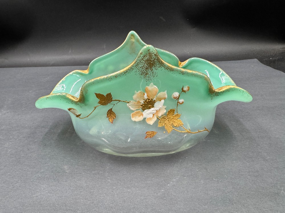 Hand-painted Ombre Green Glass Crimped Rim Bowl