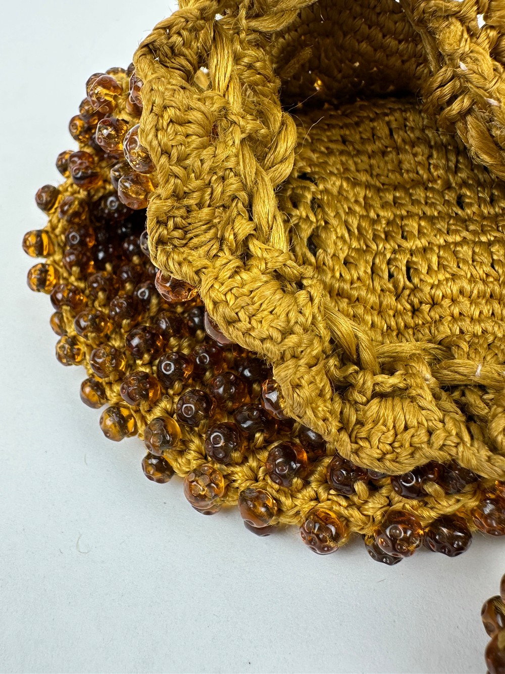 Vintage Amber Colored Glass Beaded Crochet Drawstring Purse