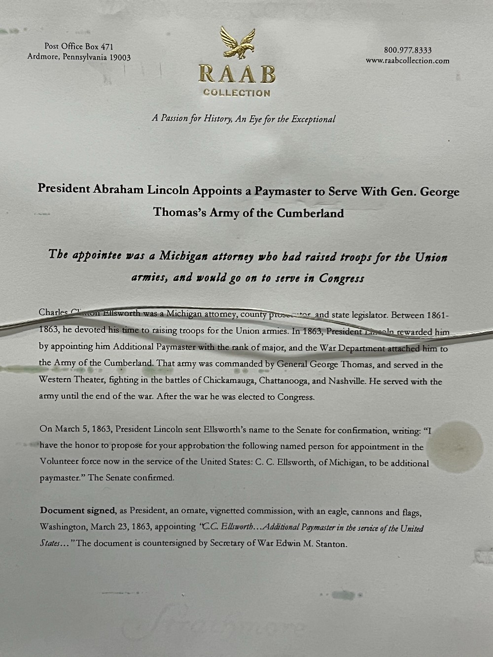 Abraham Lincoln Signed Letter, Frame: 24” x 21” Raab Collection With COA