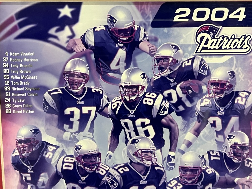 2004 New England Patriots Gold Overlay Medallion, Team Collector Pin, and Collage Photograph 56/2004, Has NFL Sticker (Authentication Can’t Be Found)
