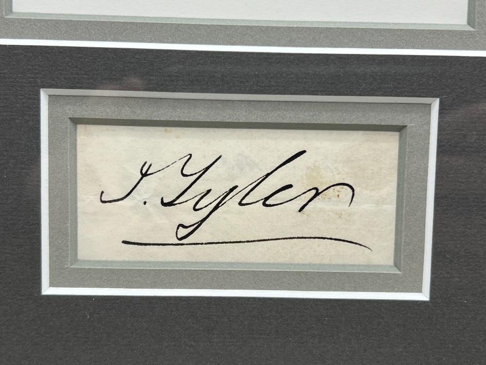 John Tyler Signed 3.5 x 1.25 Slip, Frame: 8 ⅝” x 12 ⅛” H, 6x8 Bureau of Engraving and Printing Portrait, R&R Enterprises With COA