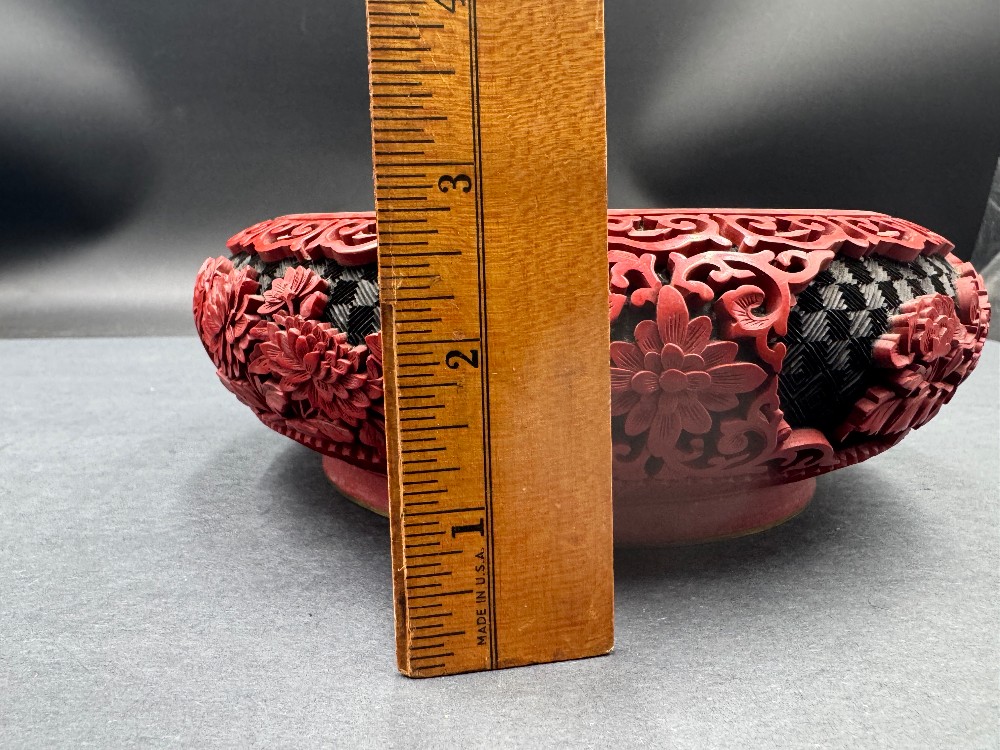 Chinese Cinnabar Style Bowl with Red Raised Carving on Black Ground, Blue Enamel Interior