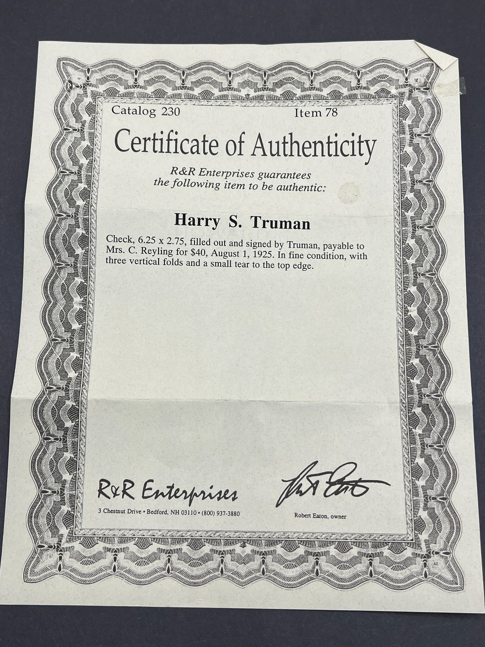 Harry S. Truman Picture and Check to Mrs. C. Reyling, Frame: 12 ⅞” x 15 ⅞” H, R&R Enterprises With COA