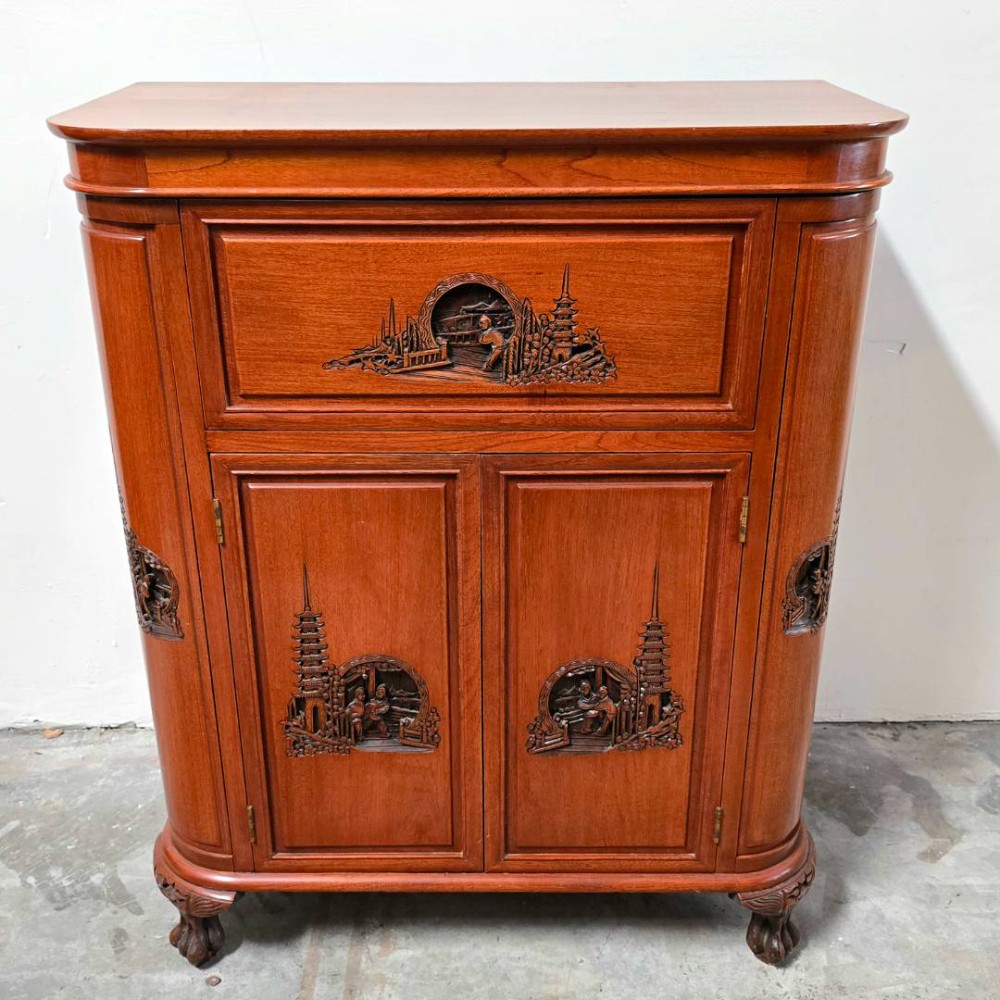 Mid-Century Oriental Hand Carved Teak Bar / Liquor Cabinet