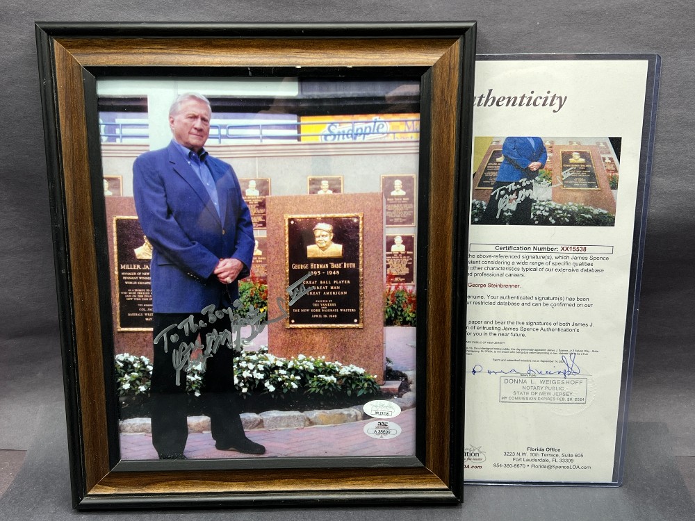 George Steinbrenner Signed Picture with Inscription: “To The Boys”, Frame: 10” x 12” H, Autograph Certification Experts, JSA With Letter Of Authenticity
