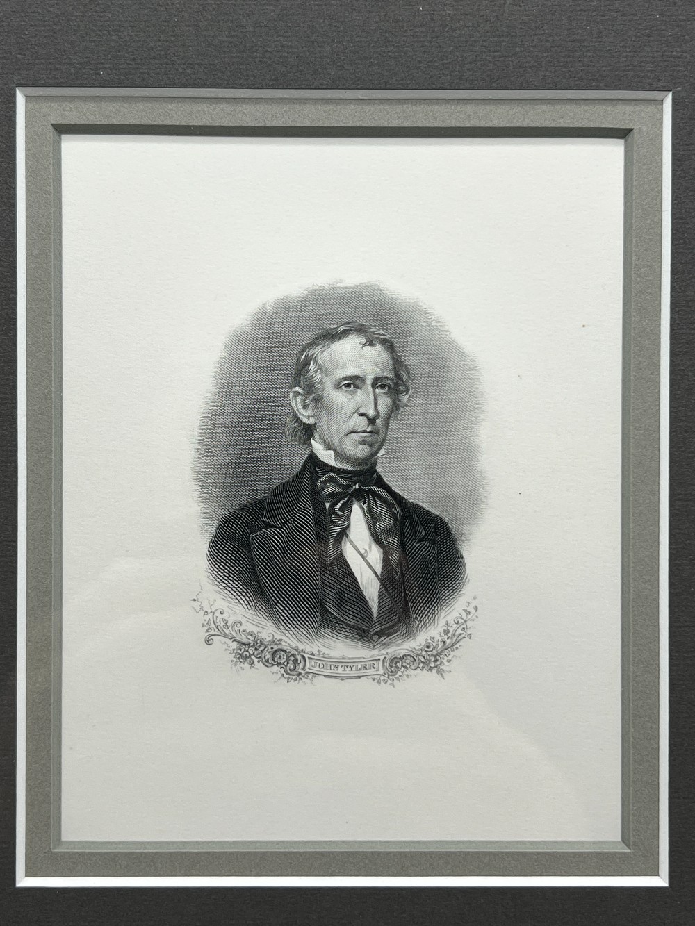 John Tyler Signed 3.5 x 1.25 Slip, Frame: 8 ⅝” x 12 ⅛” H, 6x8 Bureau of Engraving and Printing Portrait, R&R Enterprises With COA