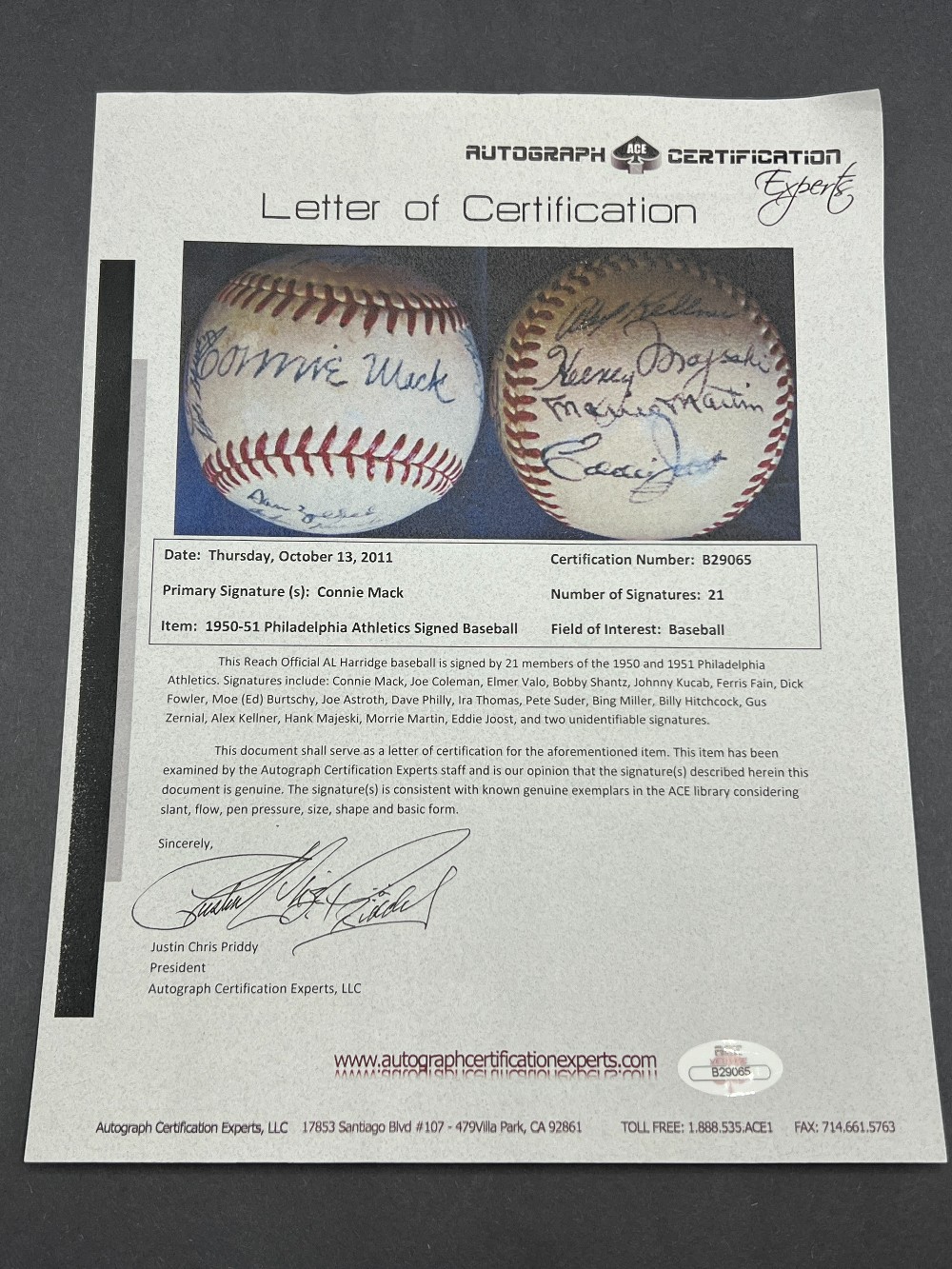 1950-51 Philadelphia Athletics Signed Baseball (List of Names in Description), Ace Vintage with Letter of Authenticity