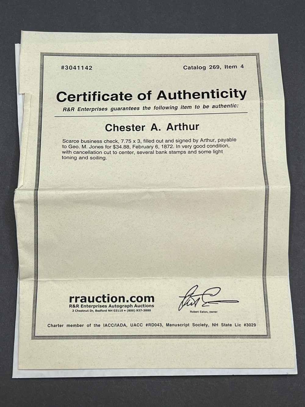 Chester A. Arthur Signed Check to Geo. M. Jones, R&R Enterprises With COA