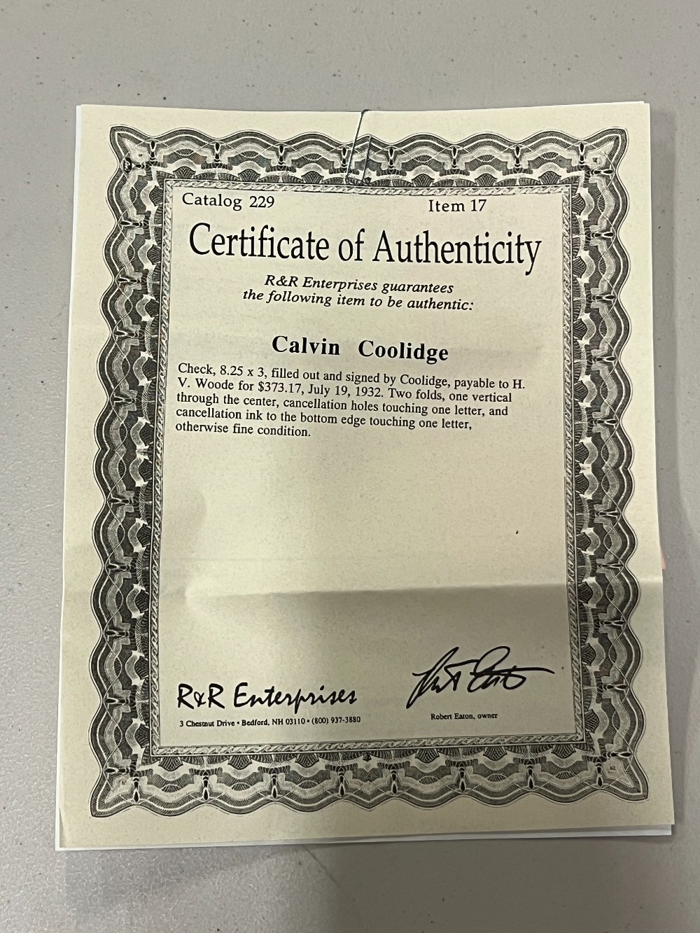 Calvin Coolidge, Frame: 13 ⅞” x 21 ⅜” H, Picture and 8.25 x 3 Check for $373.17, July 19, 1932 to H. V. Woode, R&R Enterprises With COA