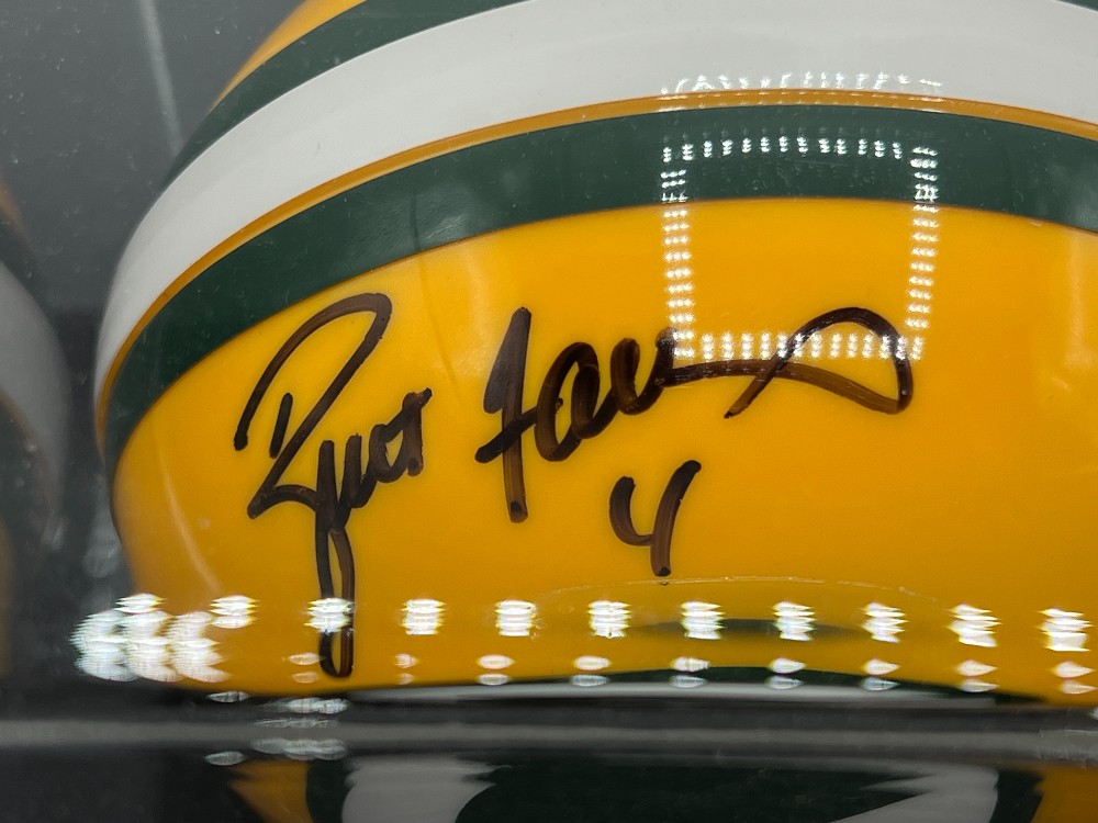 Brett Favre Autographed Mini Football Helmet “#4”, Mounted Memories