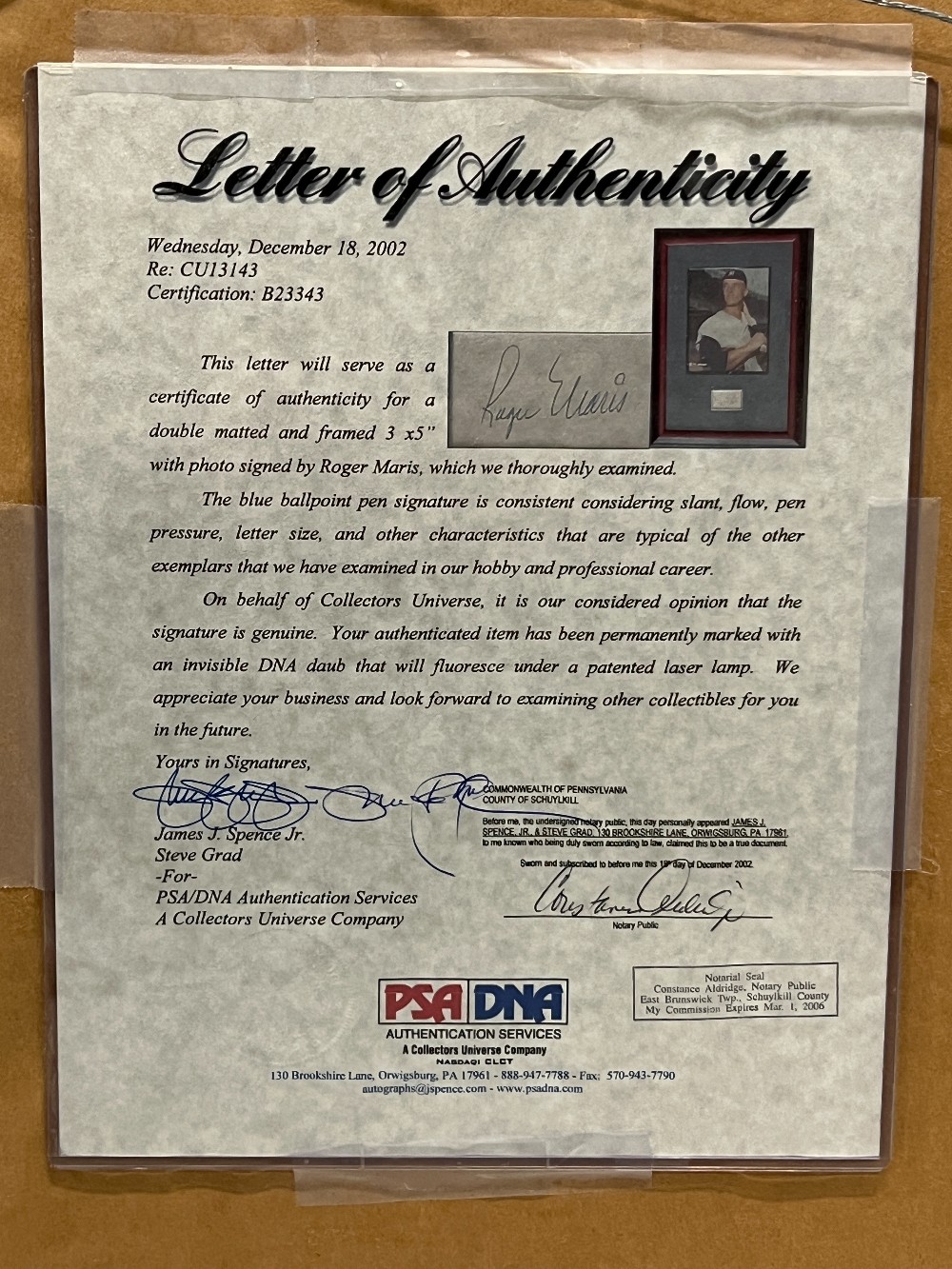 Roger Maris, Frame: 14 ⅝” x 18 ⅝” H, 3x5 Signed, PSA/DNA With Letter Of Authenticity
