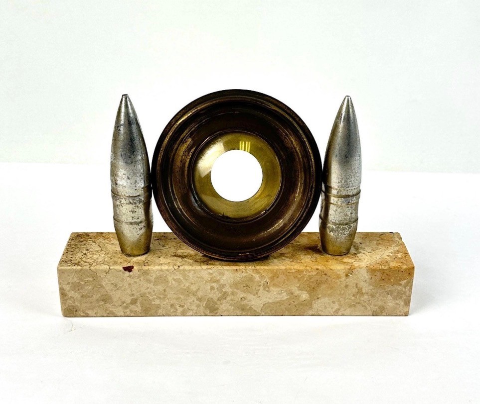 Antique Military Trench Art - Memorial Artillery Photo Frame Shell Display Stone Base