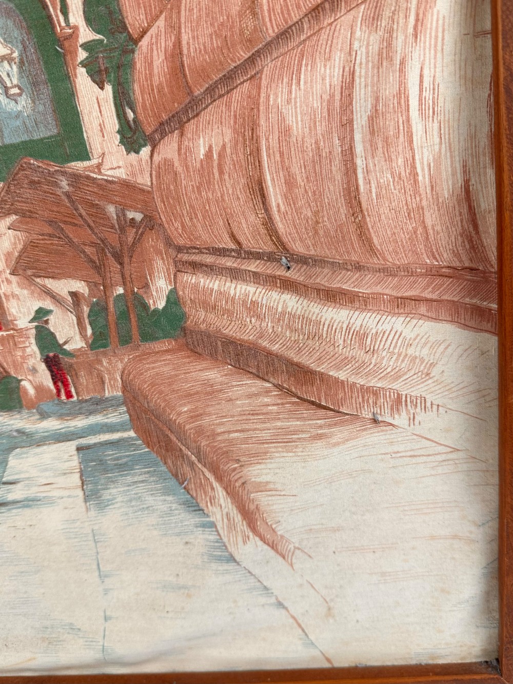 Vintage mid-century European street scene textile print on cotton fabric, circa early–mid 1950s