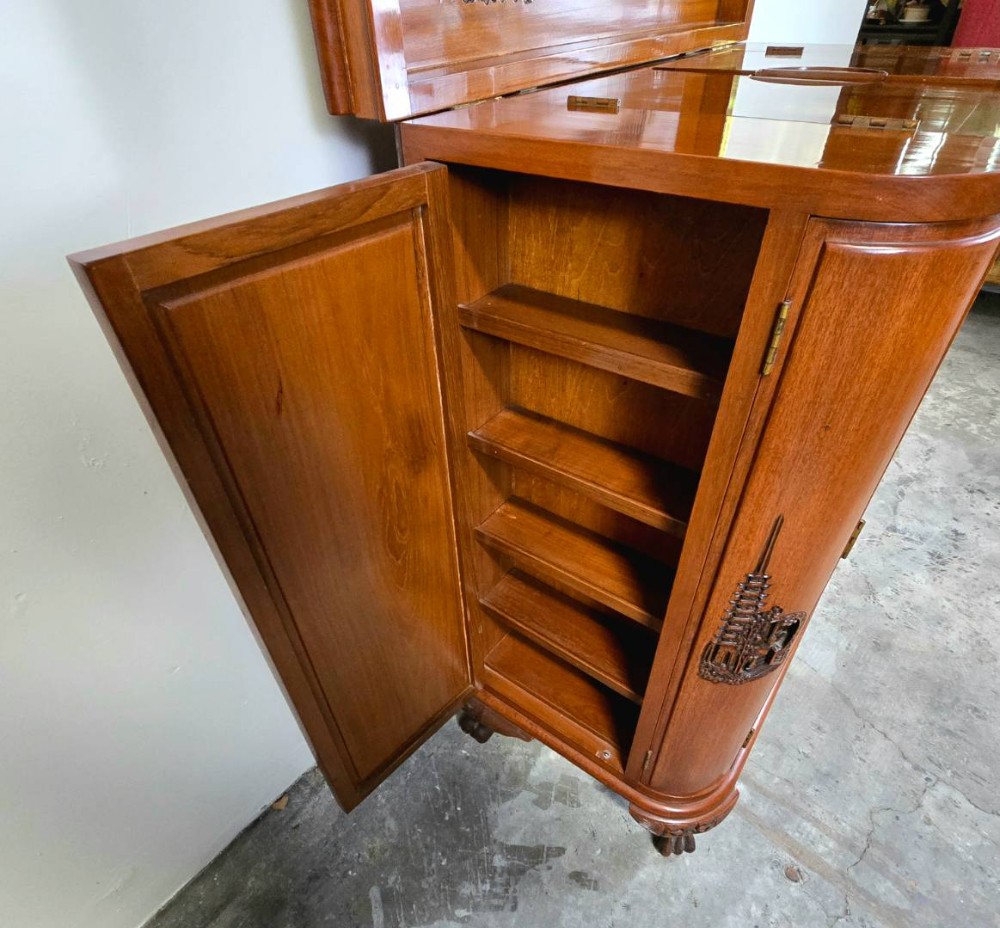 Mid-Century Oriental Hand Carved Teak Bar / Liquor Cabinet