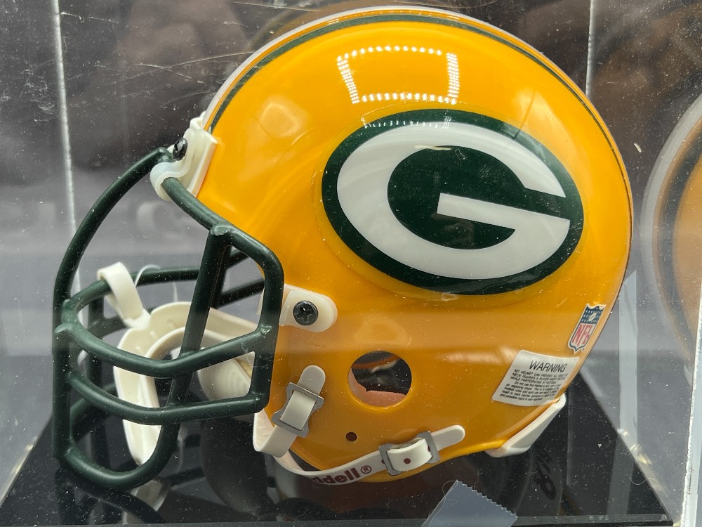 Brett Favre Autographed Mini Football Helmet “#4”, Mounted Memories