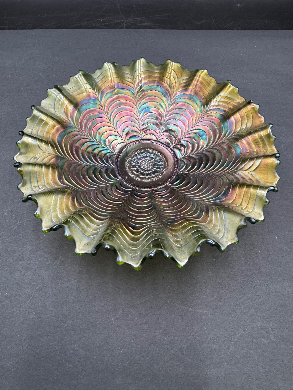 Fenton Peacock Tail Carnival Glass Bowl