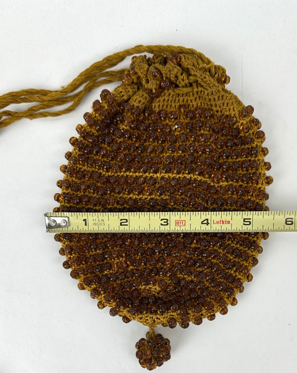 Vintage Amber Colored Glass Beaded Crochet Drawstring Purse