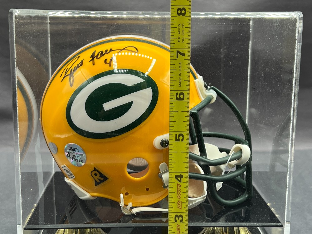 Brett Favre Autographed Mini Football Helmet “#4”, Mounted Memories